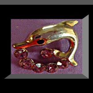 Gold Tone Dolphin Design Brooch With Purple & Black Crystals For Women